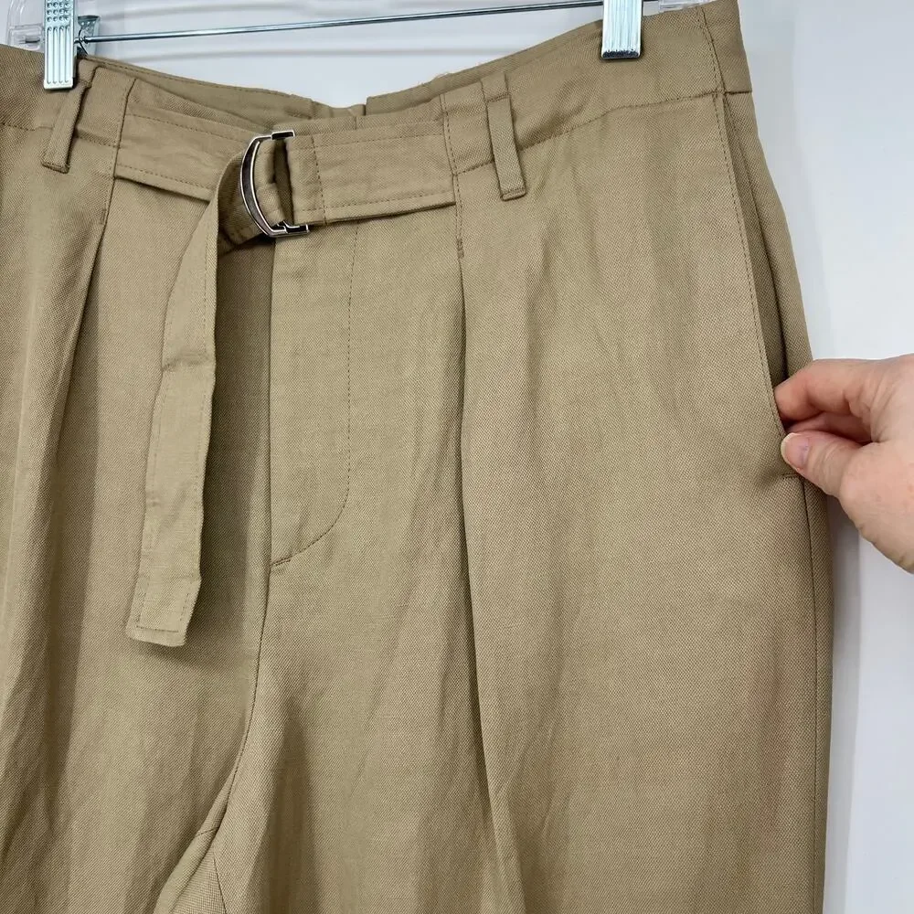 Zara Studio Collection Linen Blend Trouser Pant Womens 30 Tan Pleated High Waist